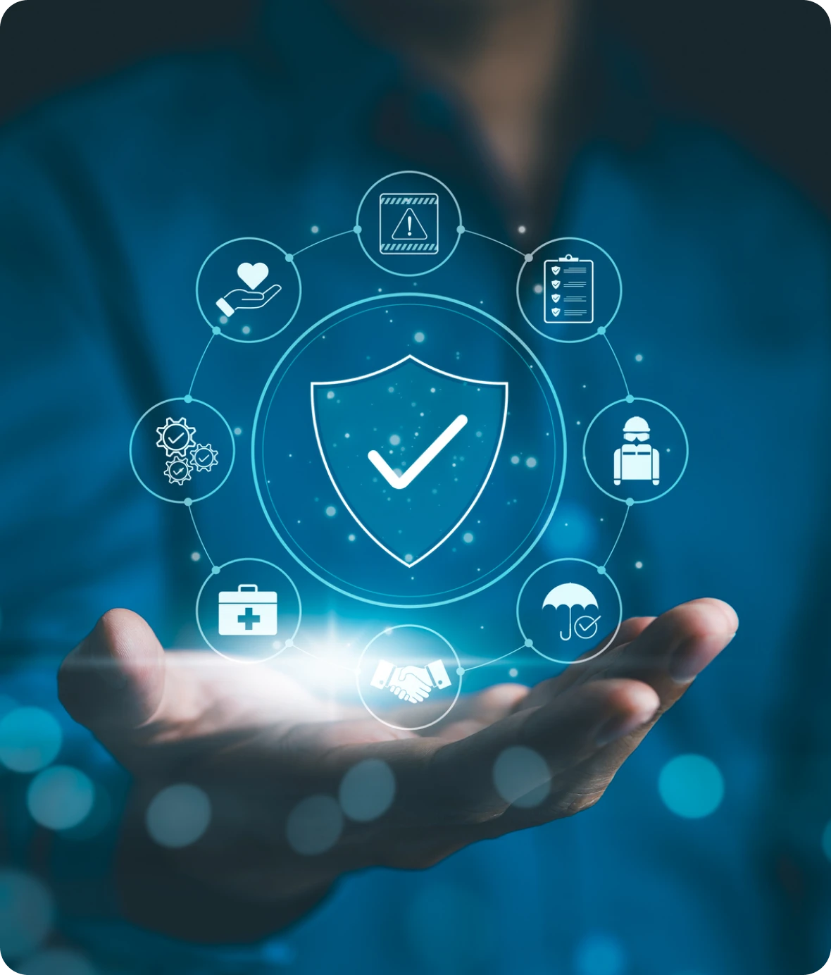 Digital security icons floating above hand