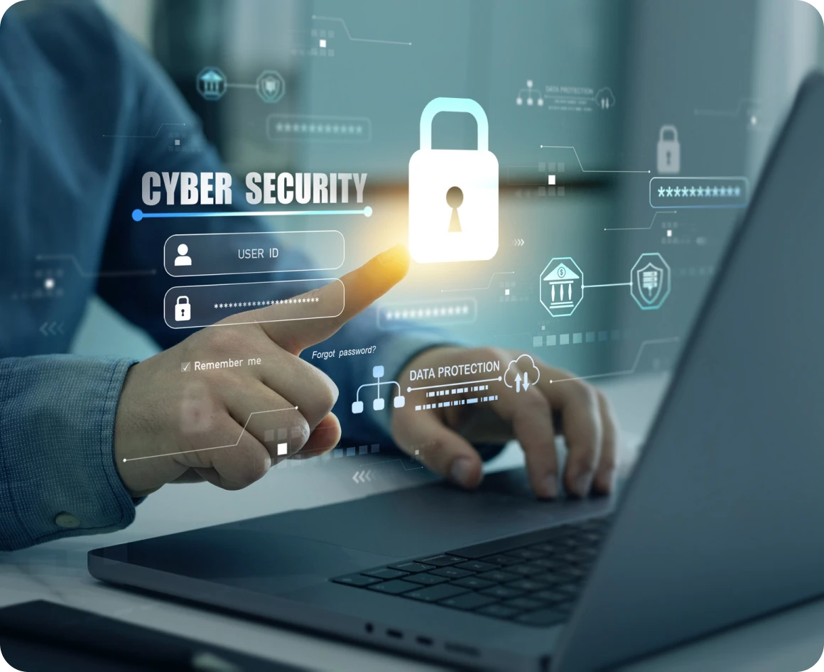 Laptop with cybersecurity hologram display