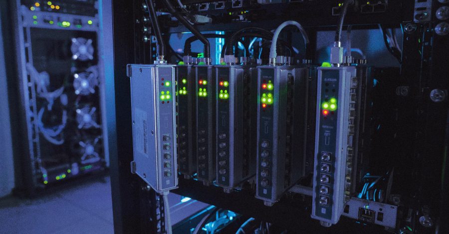 Server room with glowing LED lights