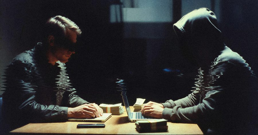 Shadowy figures exchanging money in darkness