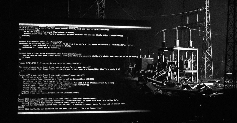 Black and white image of code and machinery